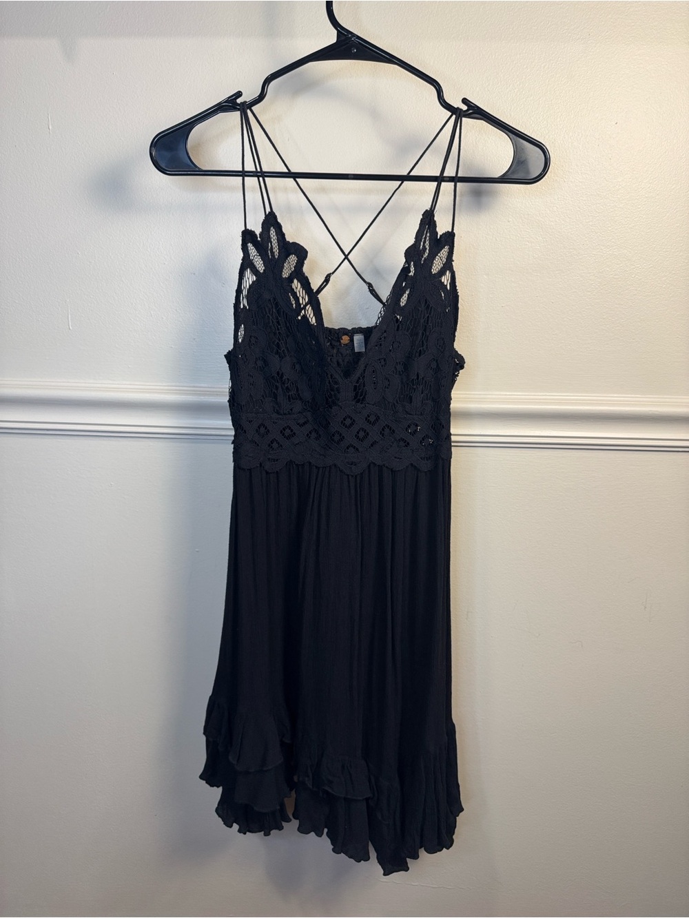 Free People Adella Black Crochet Lace Mini Slip Dress - Size S